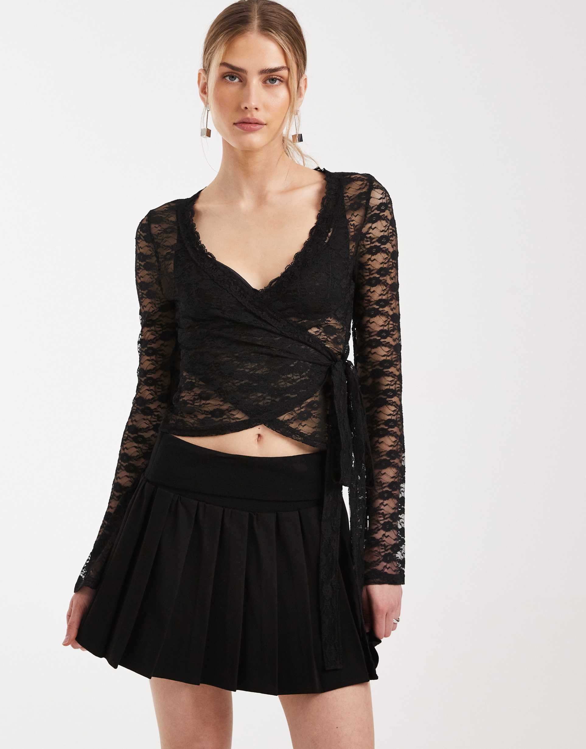 miss selfridge wrap front lace top in black