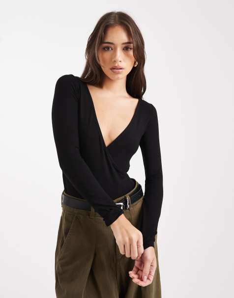 Miss Selfridge wrap long sleeve bodysuit in black - view 1