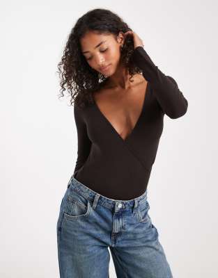 Miss Selfridge Wrap Long Sleeve Bodysuit In Brown