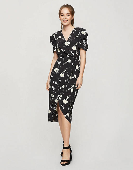 Miss Selfridge wrap midi dress in black floral print