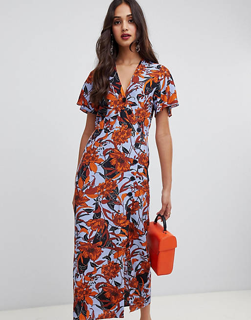 Miss Selfridge wrap midi dress with button through in floral print | ASOS
