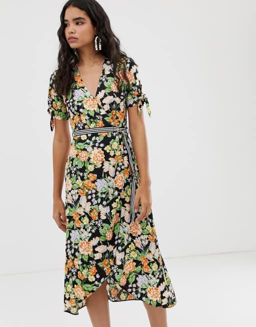 Miss Selfridge wrap midi tea dress with striped belt in Miss Selfridge wrap midi tea dress with striped belt in