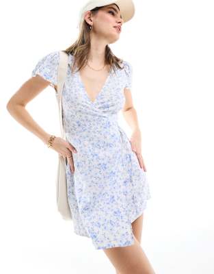 wrap mini tea dress in blue floral print-Multi