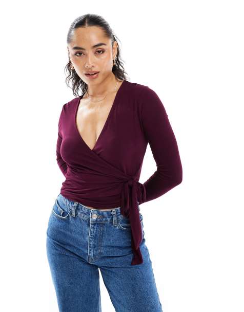 Miss Selfridge wrap over jersey long sleeve top in plum - view 1