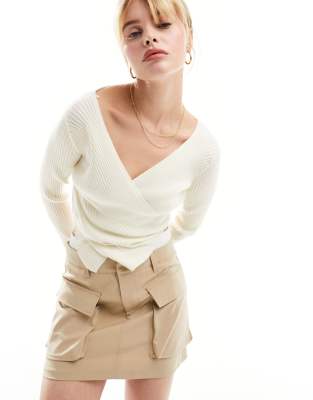 wrap over rib knit top in cream-White