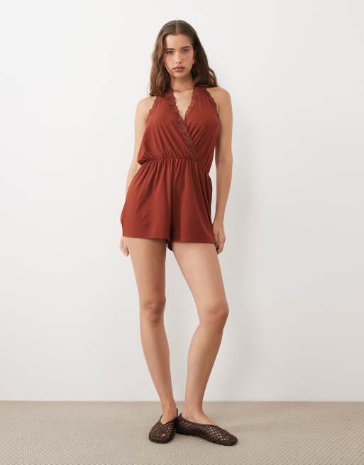 Miss Selfridge wrap playsuit with scallop lace trim in rust red, 2 of 4