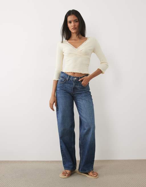 Miss Selfridge wrap pointelle long sleeve top in buttermilk, 2 of 4