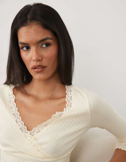 Miss Selfridge wrap pointelle long sleeve top in buttermilk, 3 of 4