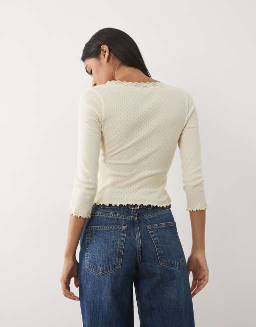Miss Selfridge wrap pointelle long sleeve top in buttermilk, 4 of 4