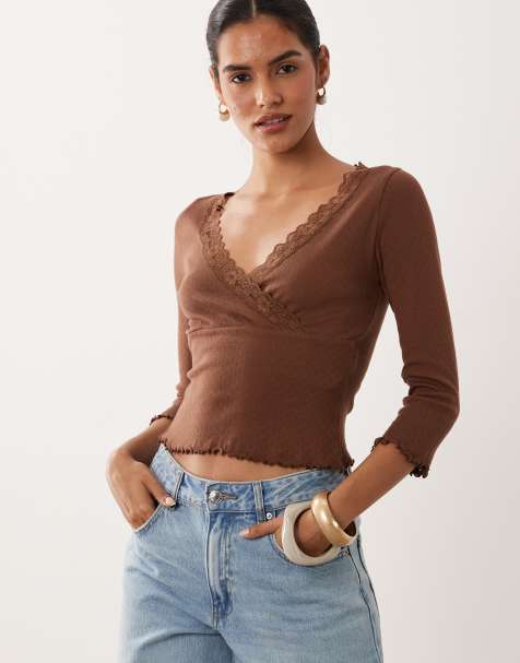 Miss Selfridge wrap pointelle long sleeve top in chocolate brown - view 1