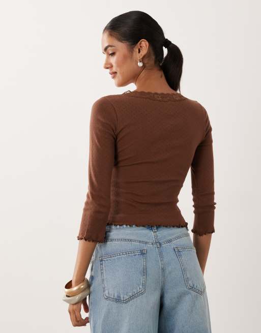 Miss Selfridge wrap pointelle long sleeve top in chocolate brown, 4 of 4