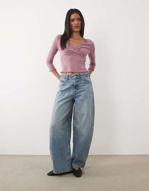Miss Selfridge wrap pointelle long sleeve top in mauve, 2 of 4
