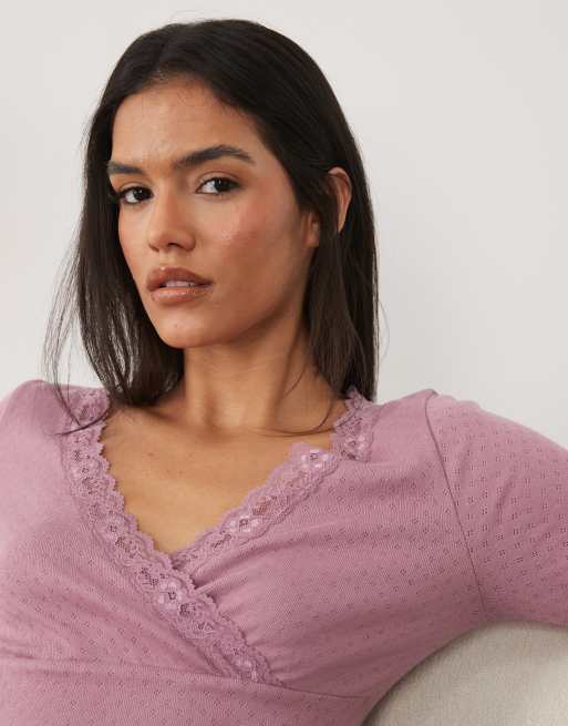 Miss Selfridge wrap pointelle long sleeve top in mauve, 3 of 4