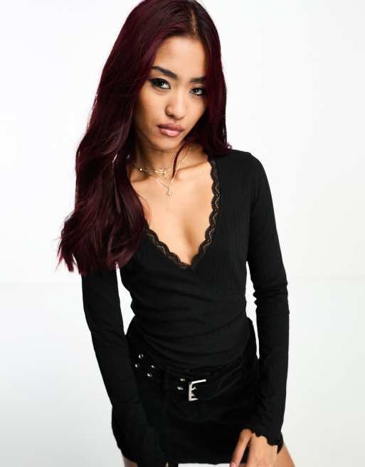 Miss Selfridge wrap rib top with lace trim detail in black 