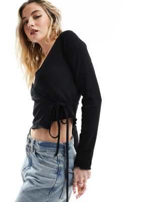 wrap rib top with lace trim detail in black