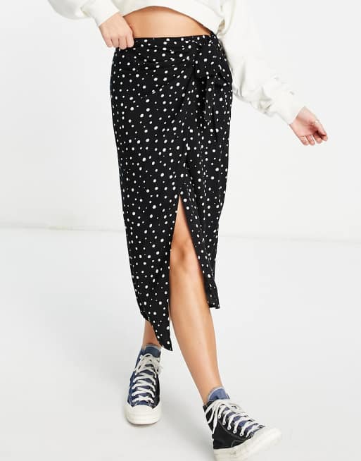 Miss Selfridge wrap tie midi skirt in mono spot ASOS