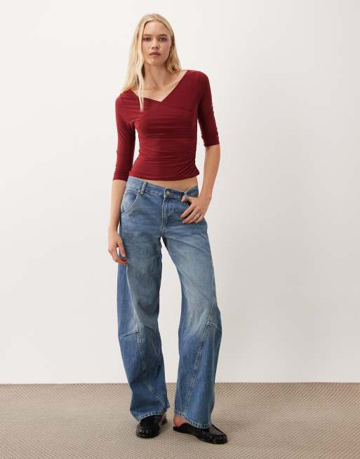 Miss Selfridge wrap top in burgundy, 2 of 4