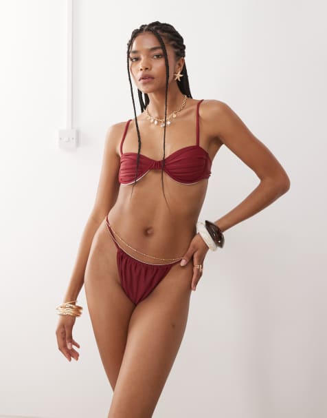 Miss Selfridge thin strap high leg bikini bottom in burgundy