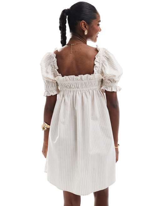 Miss Selfridge yarn dyed smock dress in beige stripes