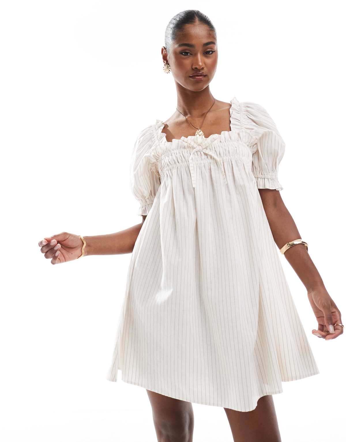 Miss Selfridge yarn dyed stripe smock dress in beige stripe