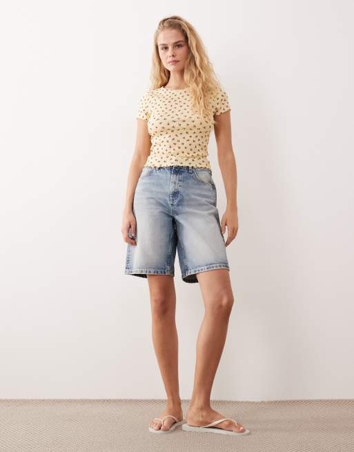 Miss Selfridge yellow ditsy print short sleeve ribbed lettuce edge t-shirt, 2 of 4