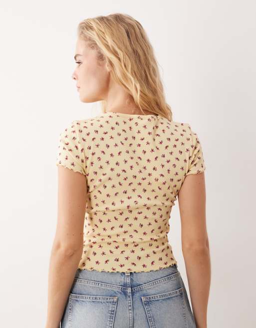 Miss Selfridge yellow ditsy print short sleeve ribbed lettuce edge t-shirt, 4 of 4