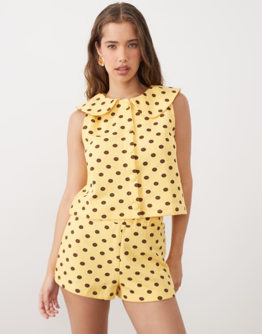 Miss Selfridge - Zachte geribbelde short in geel met stippen, 2 van 5