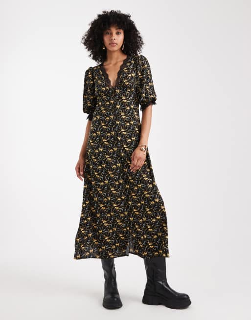 Miss Selfridge – Zapinana na guziki czarna sukienka maxi w drobny kwiatowy wzór z koronkowym wykończeniem