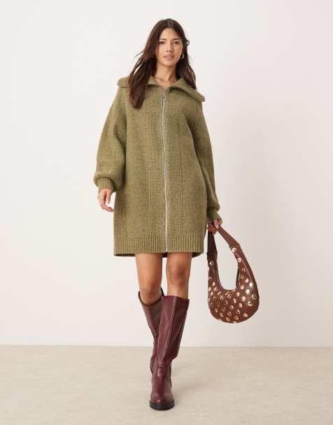 Miss Selfridge – Zapinana na suwak sukienka mini o warkoczowym splocie w kolorze khaki - view 1