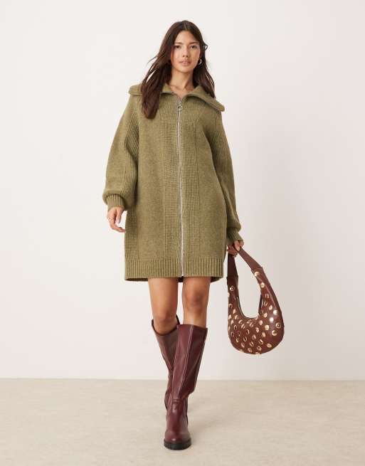 Miss Selfridge – Zapinana na suwak sukienka mini o warkoczowym splocie w kolorze khaki