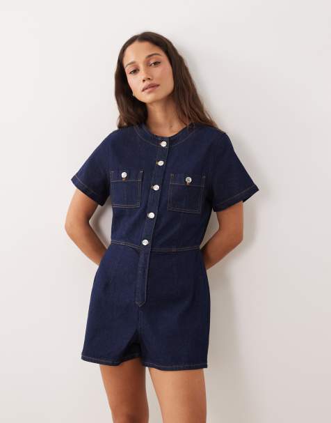Miss Selfridge – Zapinany na guziki krótki kombinezon jeansowy w kolorze indygo - view 1