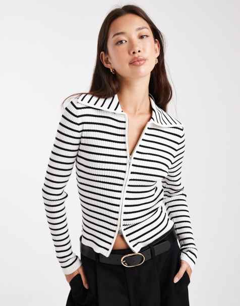 Miss Selfridge rib knit zip detail collar cardigan in stripe