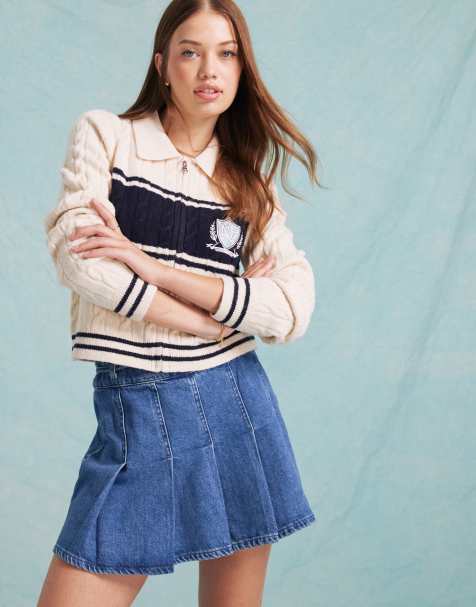 Miss Selfridge – Zapinany na suwak kremowy kardigan z kołnierzem w uczelnianym stylu - view 1