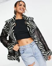 Topshop Tall faux fur checkerboard longline jacket in monochrome