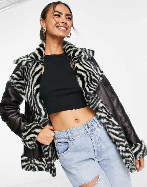 Miss Selfridge zebra faux fur contrast aviator jacket | ASOS