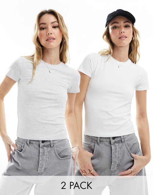 Miss Selfridge – Zestaw 2 krótkich obcisłych T-shirtów z krótkimi rękawami w kolorach szarym melanżowym i białym