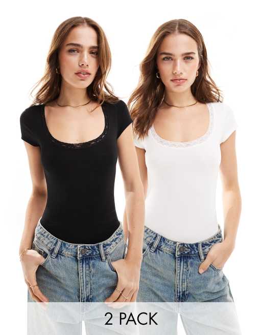 Miss Selfridge – Zestaw 2 par body z dekoltem U z koronkowym wykończeniem w kolorze czarnym i kości słoniowej