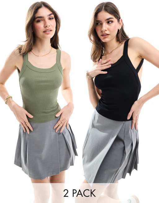 Miss Selfridge – Zestaw 2 prążkowanych podkoszulków z odkrytymi plecami w kolorach czarnym i khaki