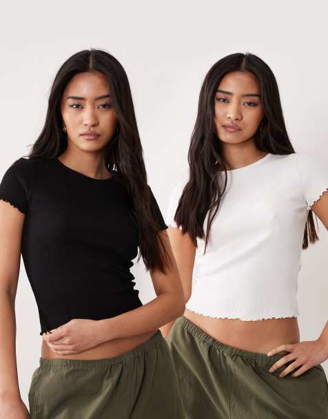 Miss Selfridge – Zestaw 2 prążkowanych T-shirtów z krótkimi rękawami i karbowanym brzegiem - view 1