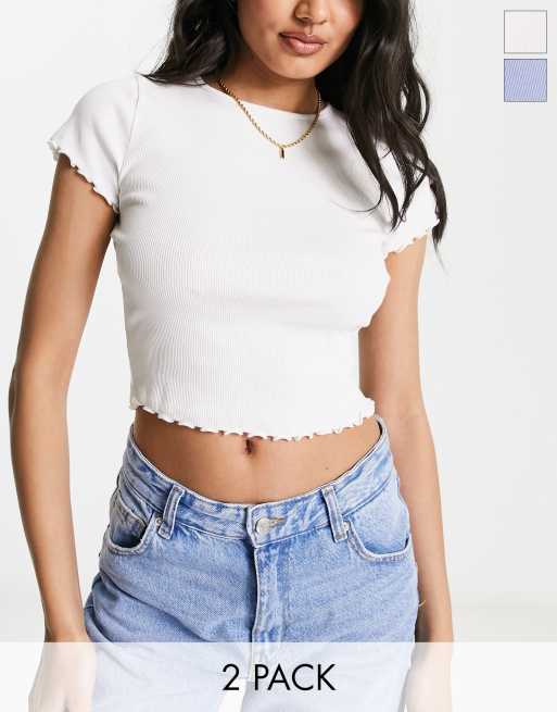 Miss Selfridge – Zestaw 2 T-shirtów z karbowanym wykończeniem w kolorach białym i niebieskim 