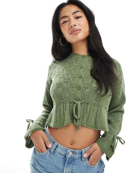 Miss Selfridge knitted tie waist frill cardigan in green