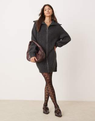 Miss Selfridge Miss Selfridge zip detail cable mini dress in charcoal-Grey
