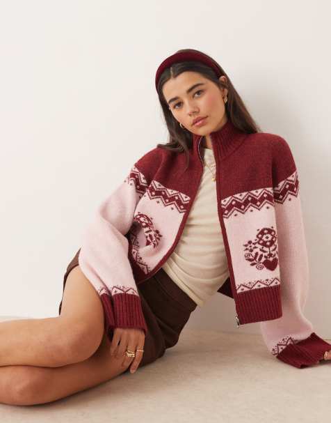 Miss Selfridge zip detail pattern cardigan in plum - view 1