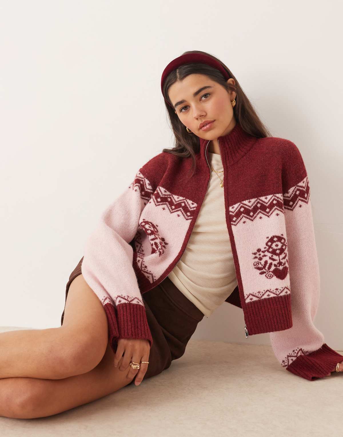 Miss Selfridge zip detail pattern cardigan in plum
