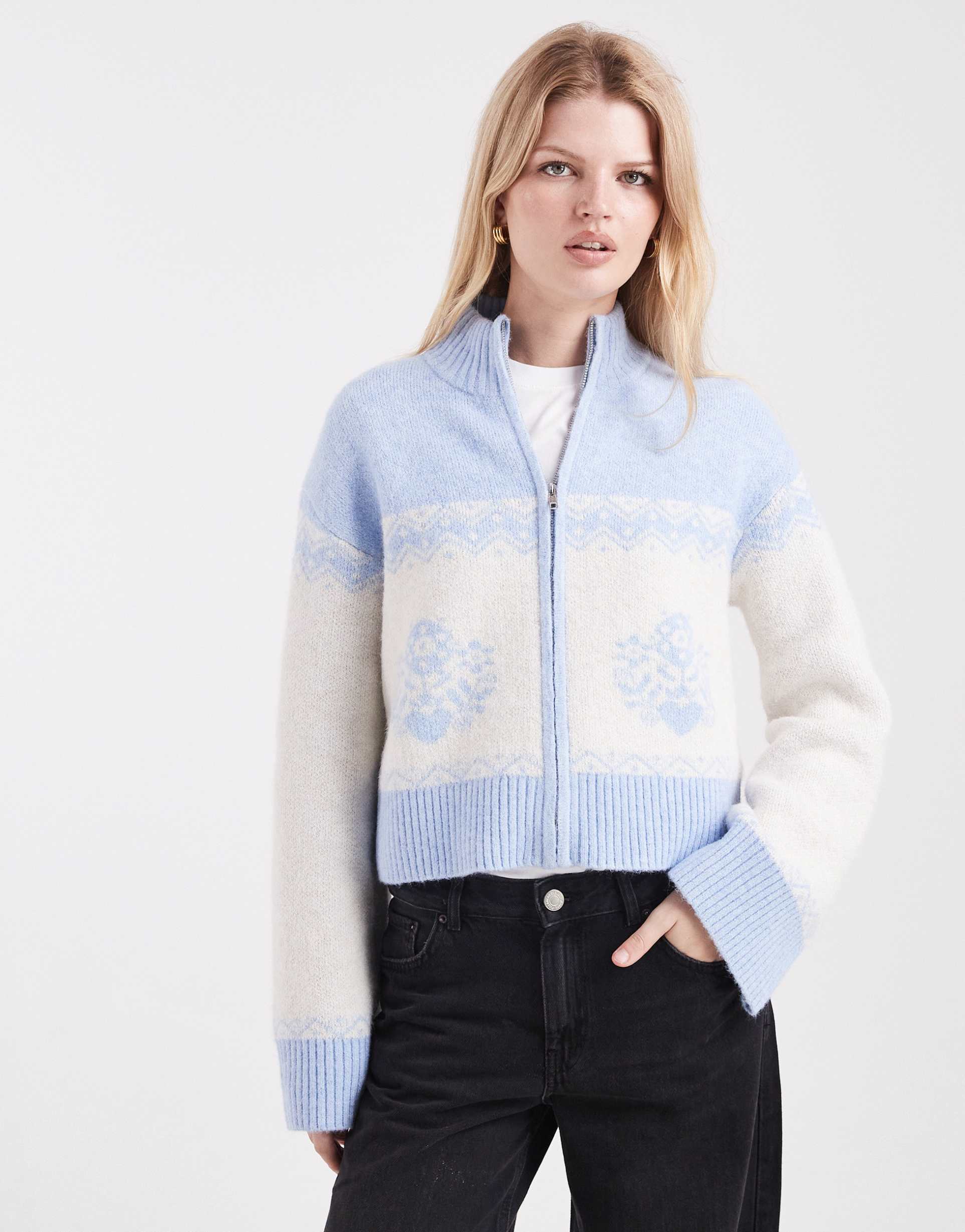 miss selfridge zip detail patterned cardigan in blue