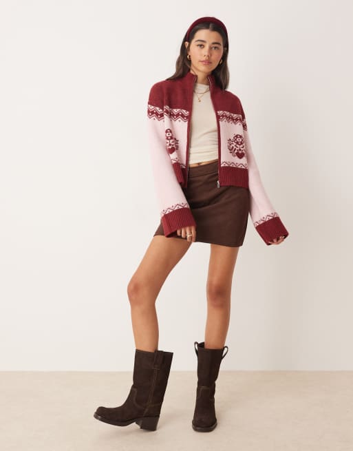 Miss Selfridge zip detail patterned cardigan in plum