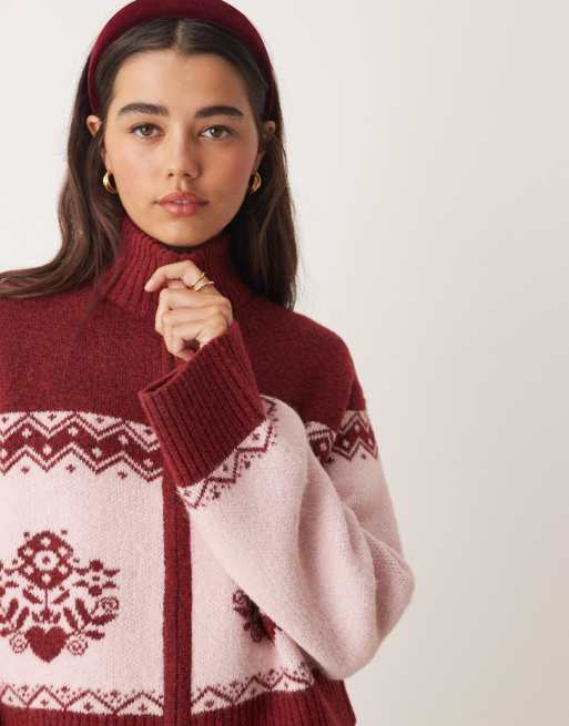 Miss Selfridge zip detail patterned cardigan in plum