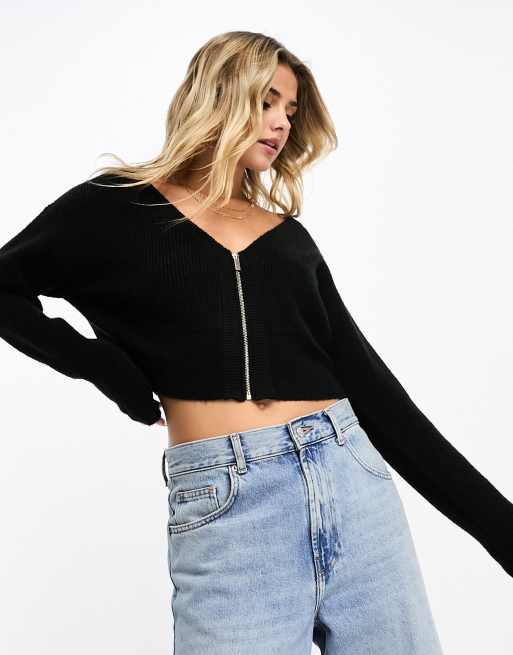 Black zip discount front crop top