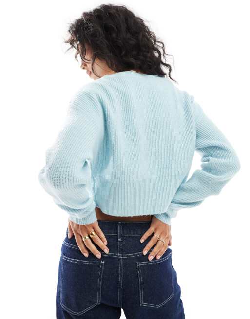 Miss Selfridge Zip Front Crop Cardigan in Pale Blue