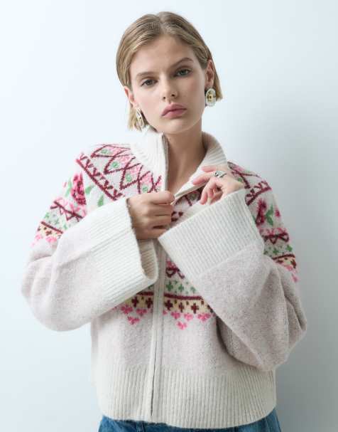 Miss Selfridge zip funnel neck cardigan with fairisle pattern - view 1